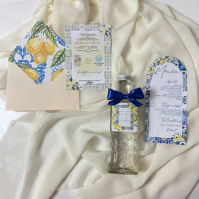 invitatie de nunta persoanlizata handmade cu lamai meniu individual sticla pentru marturii