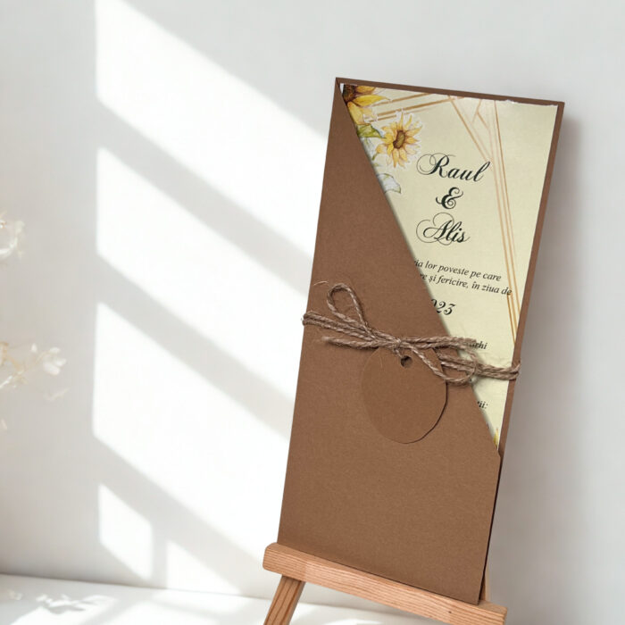 invitatie nunta handmade personalizata cu floarea soarelui cu coperta maro