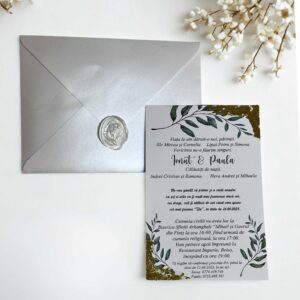 invitatie de nunta cu margini aurii frunze sigiliu de ceara plic sidefat