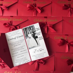 invitatie nunta burgundy visinie cu poza mirilor