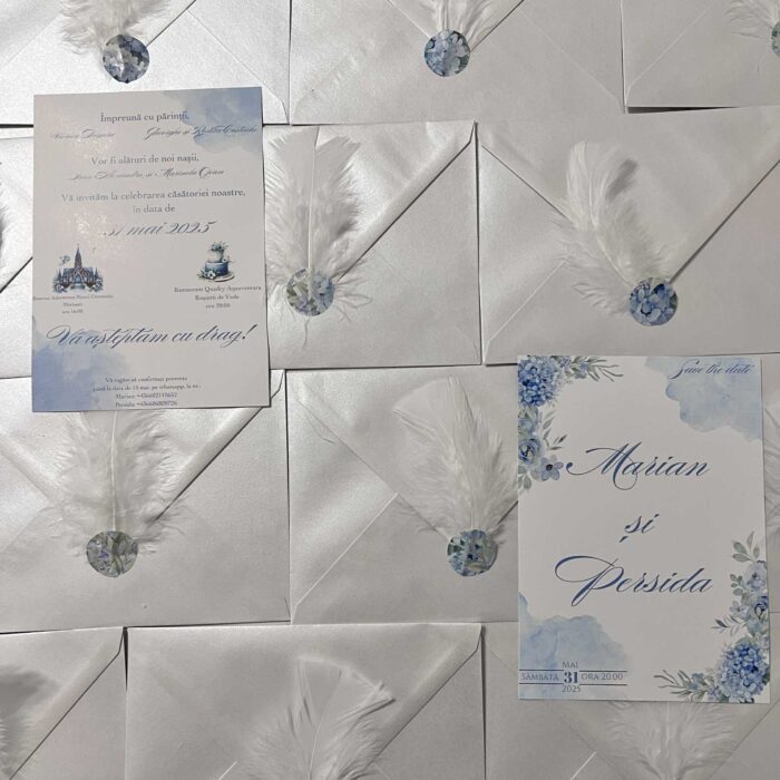 invitatie de nunta cu pana sticker flori albastre motive florale