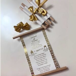 invitatie de nunta tip papirus rulata cu efect folio auriu
