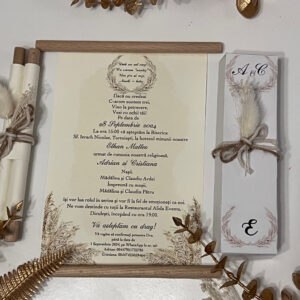 invitatie handmade personalizata cu cutie flori pampas lagurus hartie texturata